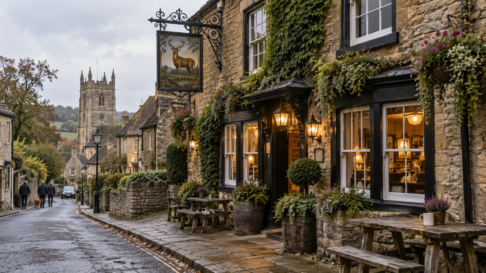 Traditional British pub with a painted hanging sign outside