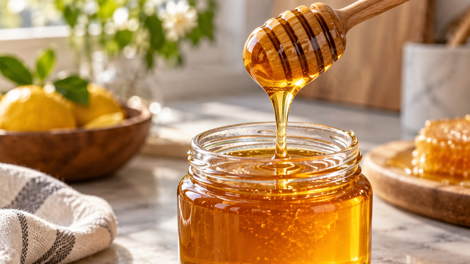 Golden honey dripping from a wooden dipper into a glass jar