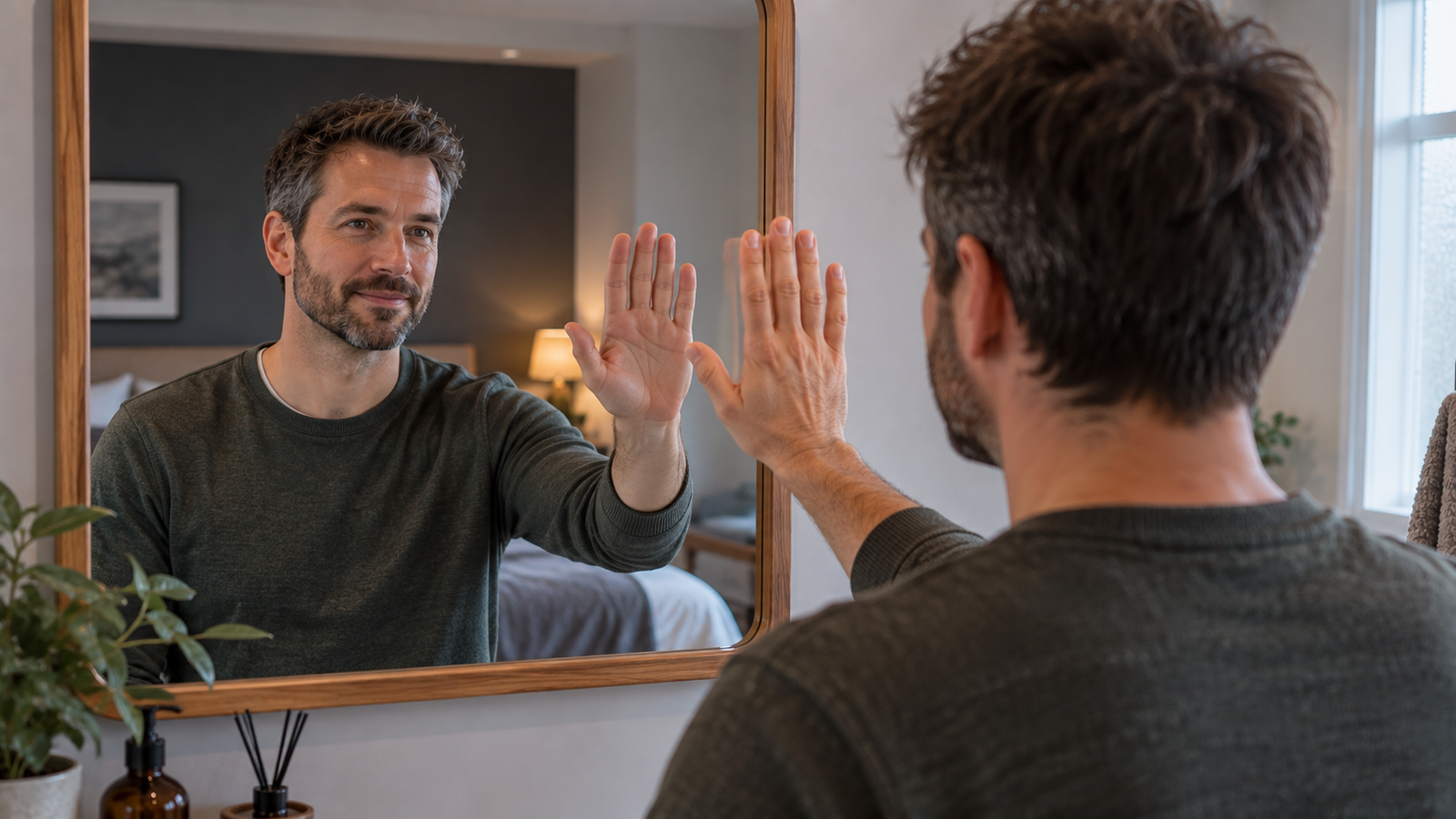 Person raising one hand while looking at their reflection in a mirror