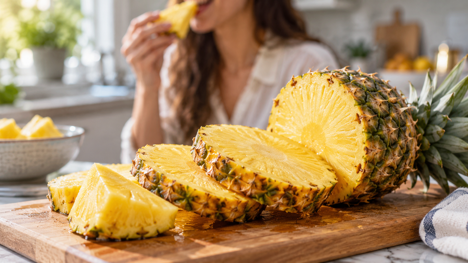 Freshly sliced pineapple on a chopping board ready to eat