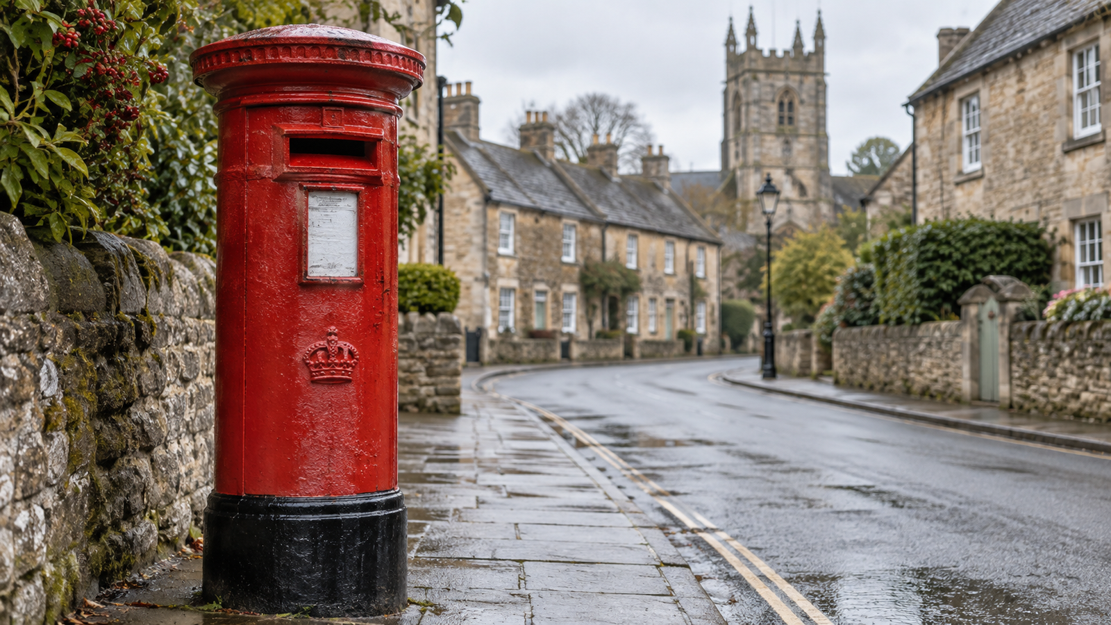 Traditional red British pillar post box beside a historic street