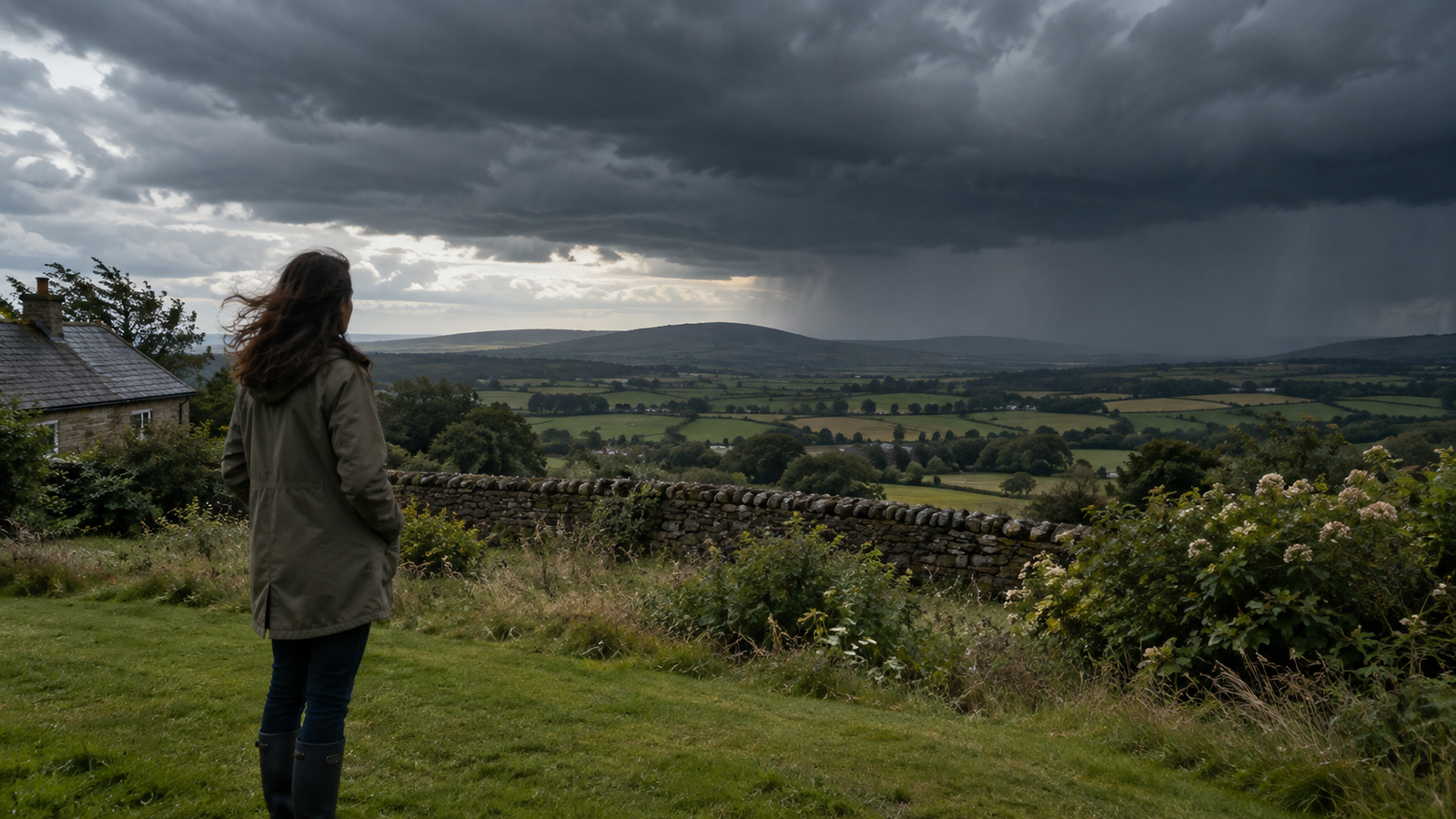Dark rain clouds approaching over dry ground shortly before rainfall begins