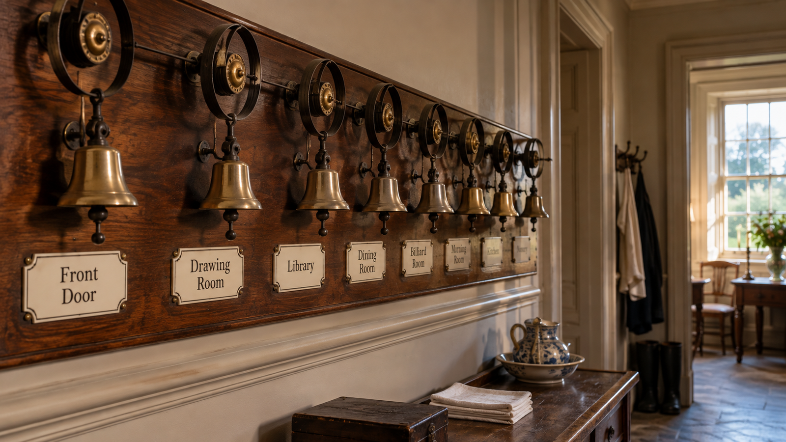 Row of brass servant bells in the service area of a historic British house