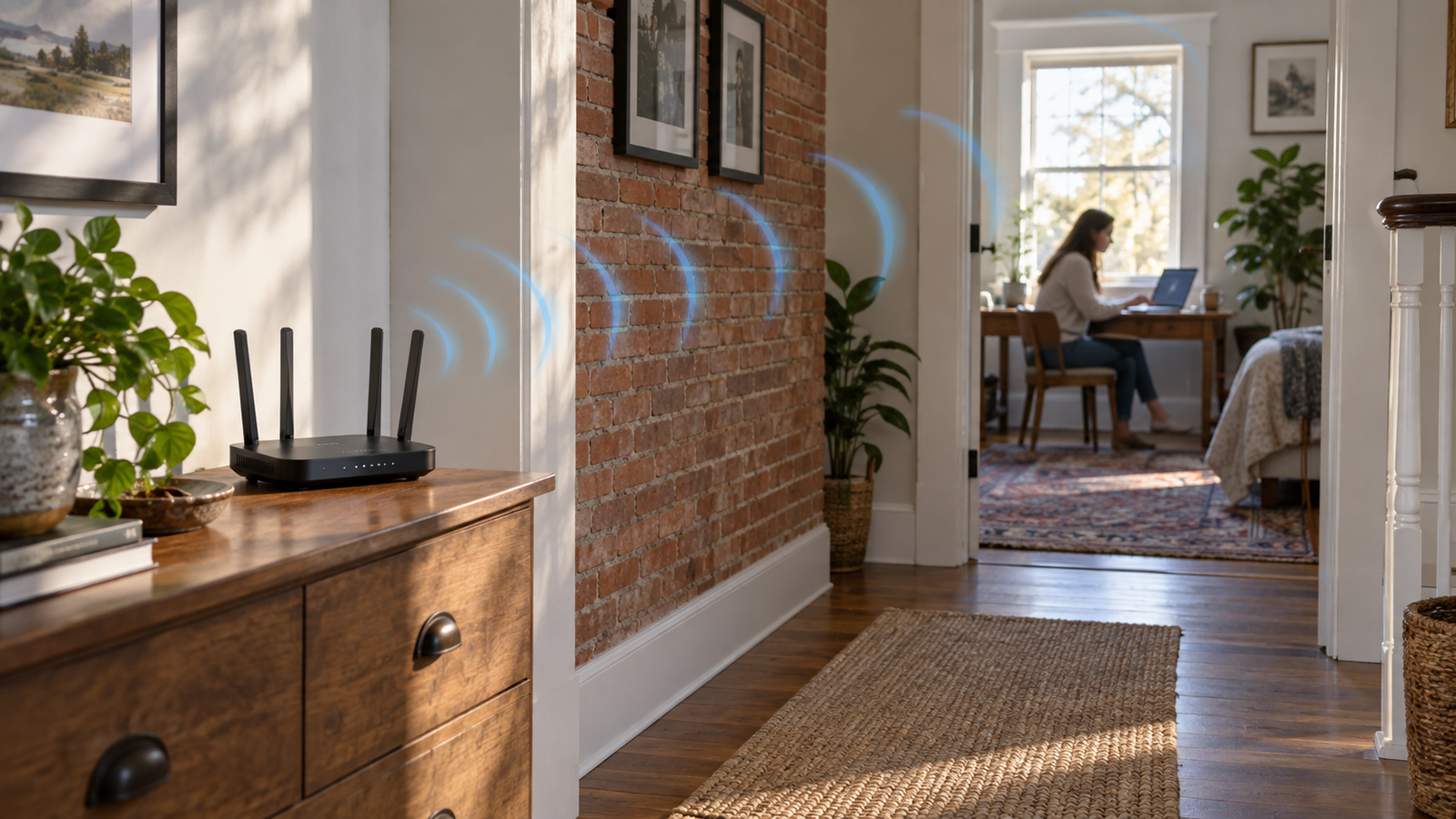 Wi-Fi router separated from a laptop by several walls inside a house