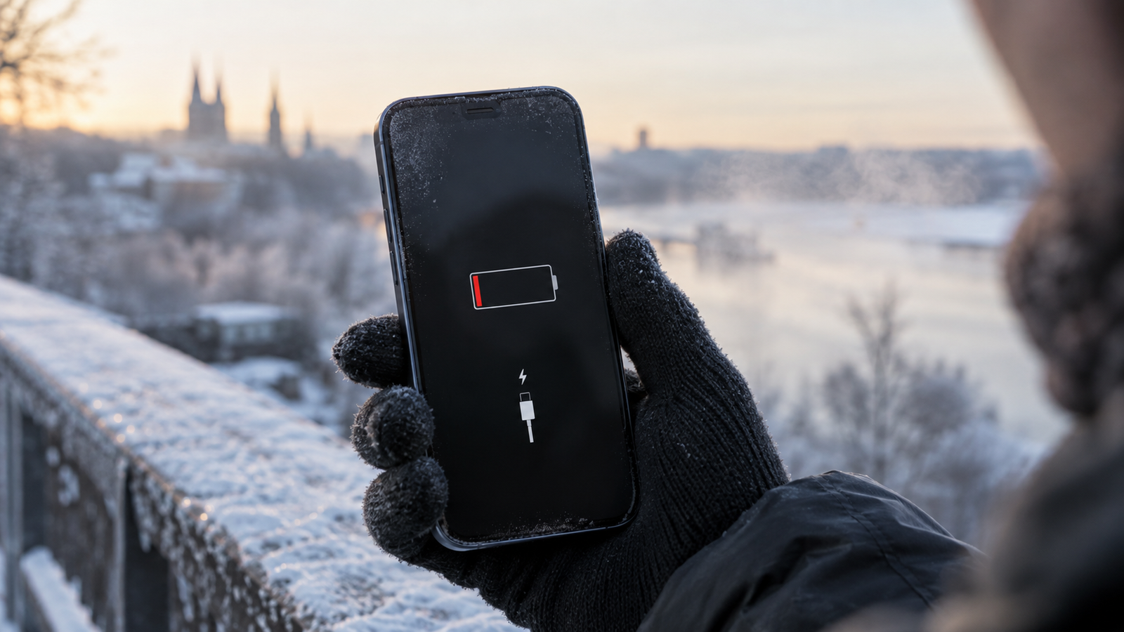 Smartphone showing a low battery while being used outside in cold winter weather