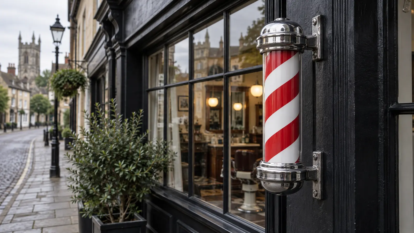Traditional red and white barber pole outside a barber shop