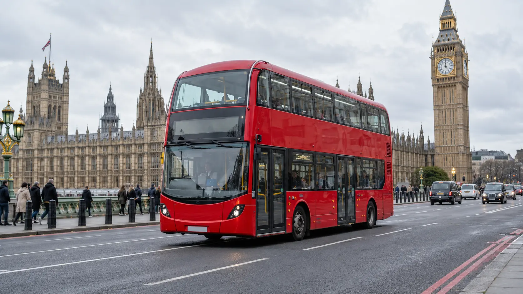 Bright red double-decker bus travelling through central London