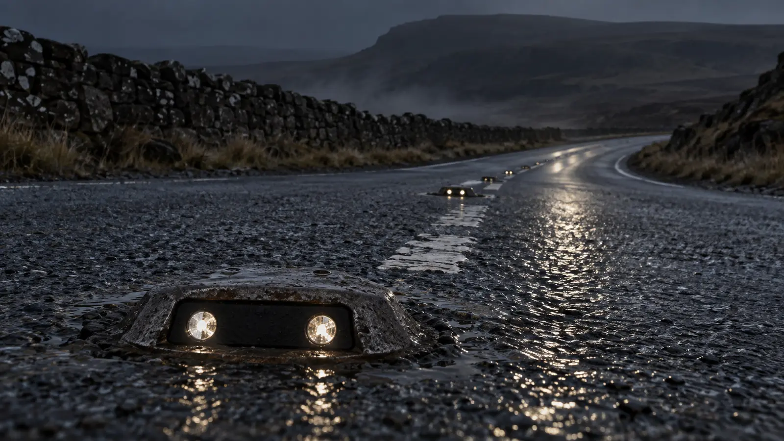Reflective cat’s-eye road studs glowing on a wet road at night