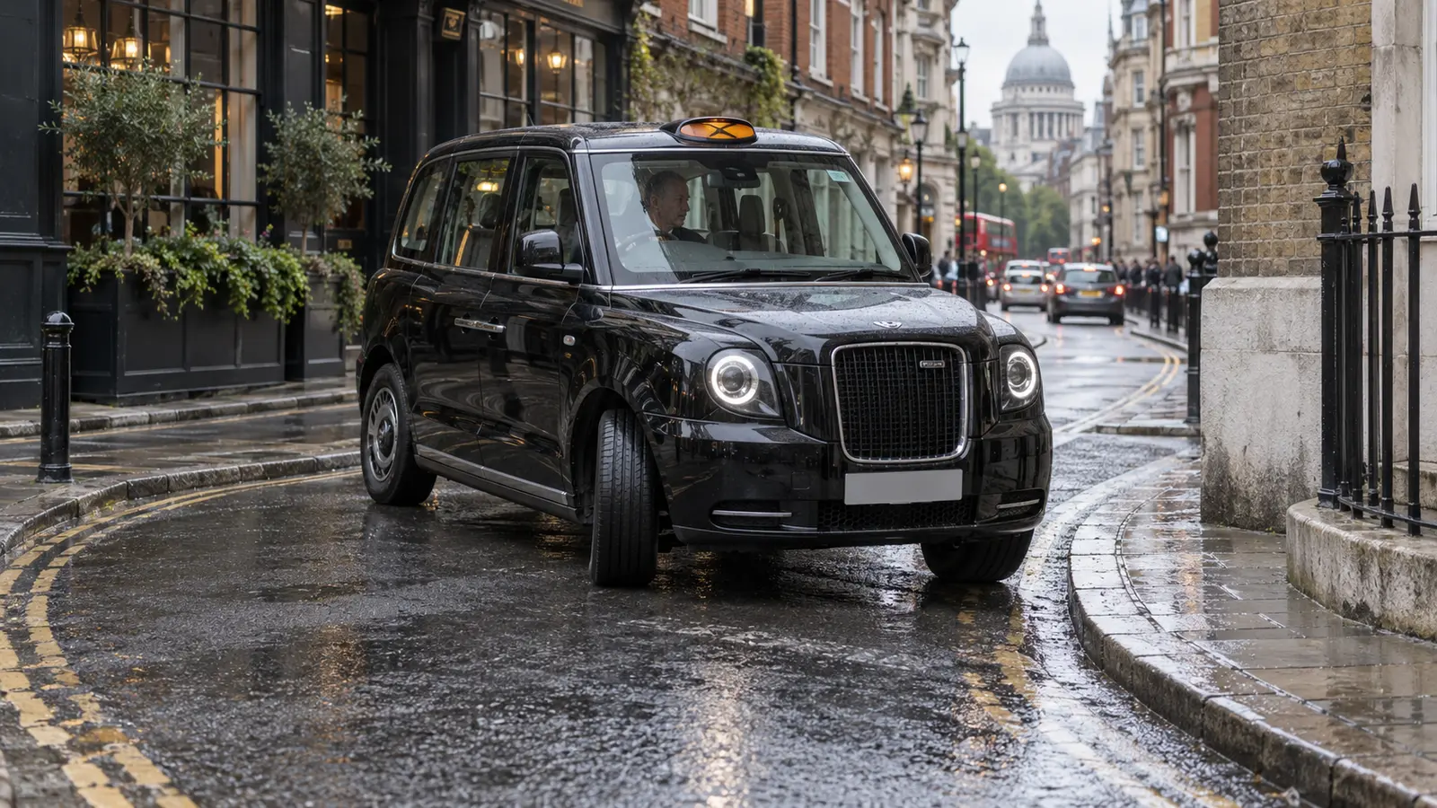 London black cab making a tight turn on a narrow city street
