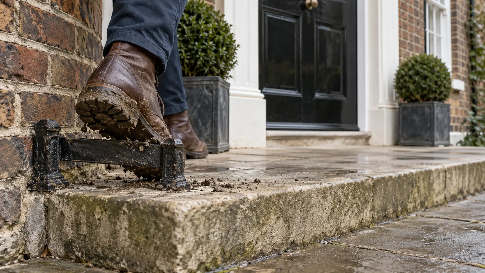 Muddy boot being cleaned on an iron scraper beside an old house