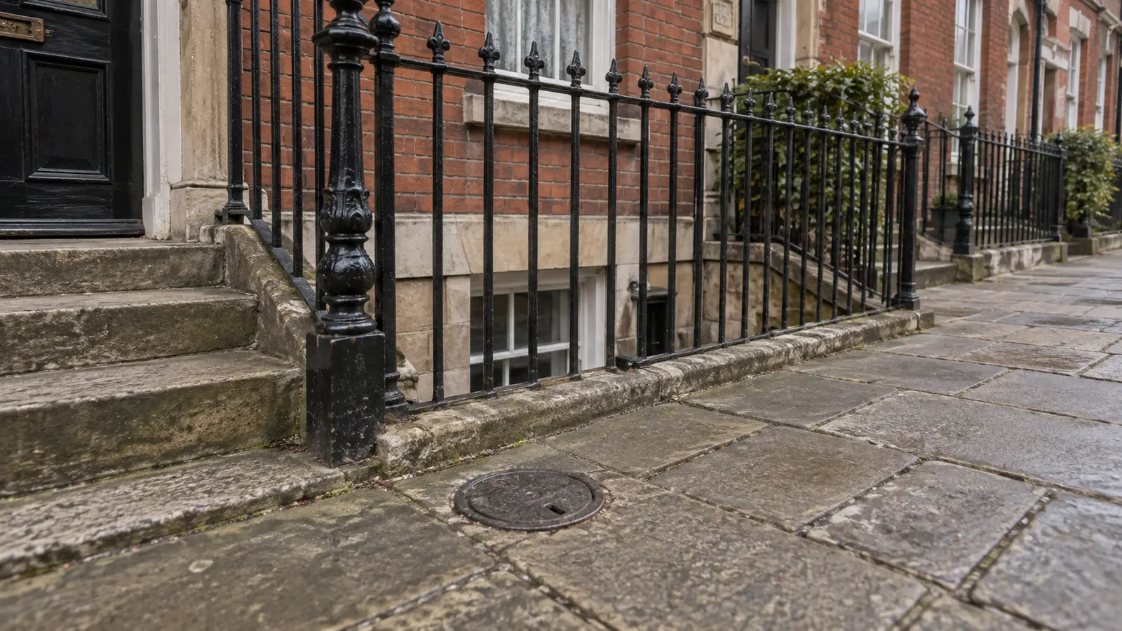 Cast-iron coal-hole cover in pavement outside a Victorian house