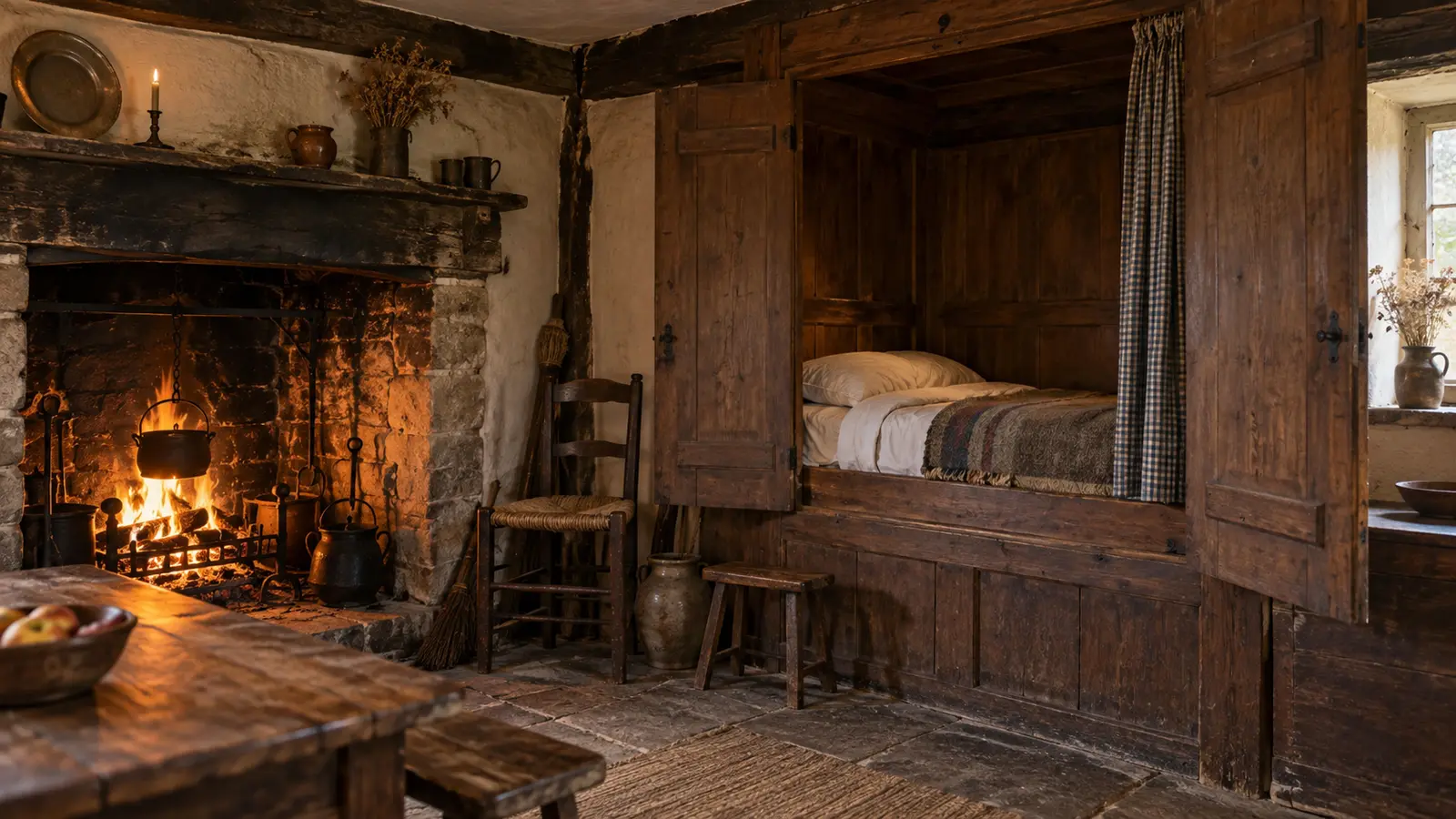 Historic wooden box bed beside the hearth in a cottage interior