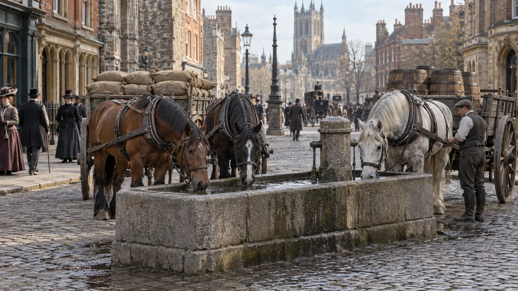 Working horses drinking from a granite trough on a Victorian street