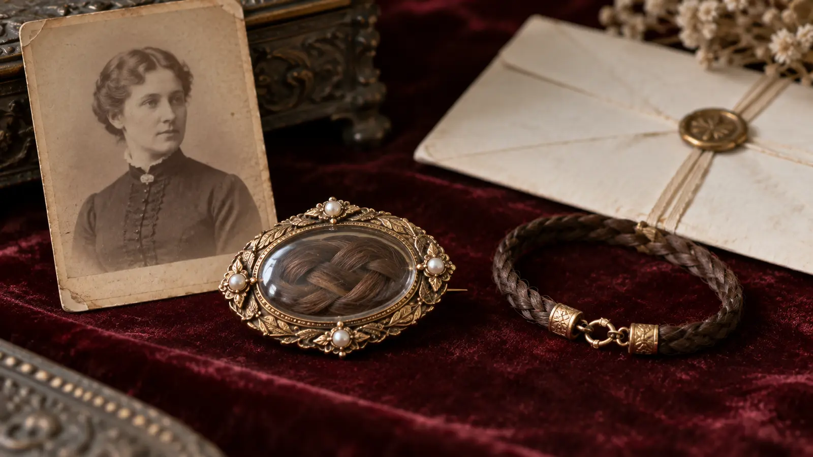 Victorian hairwork brooch and braided bracelet displayed with a portrait