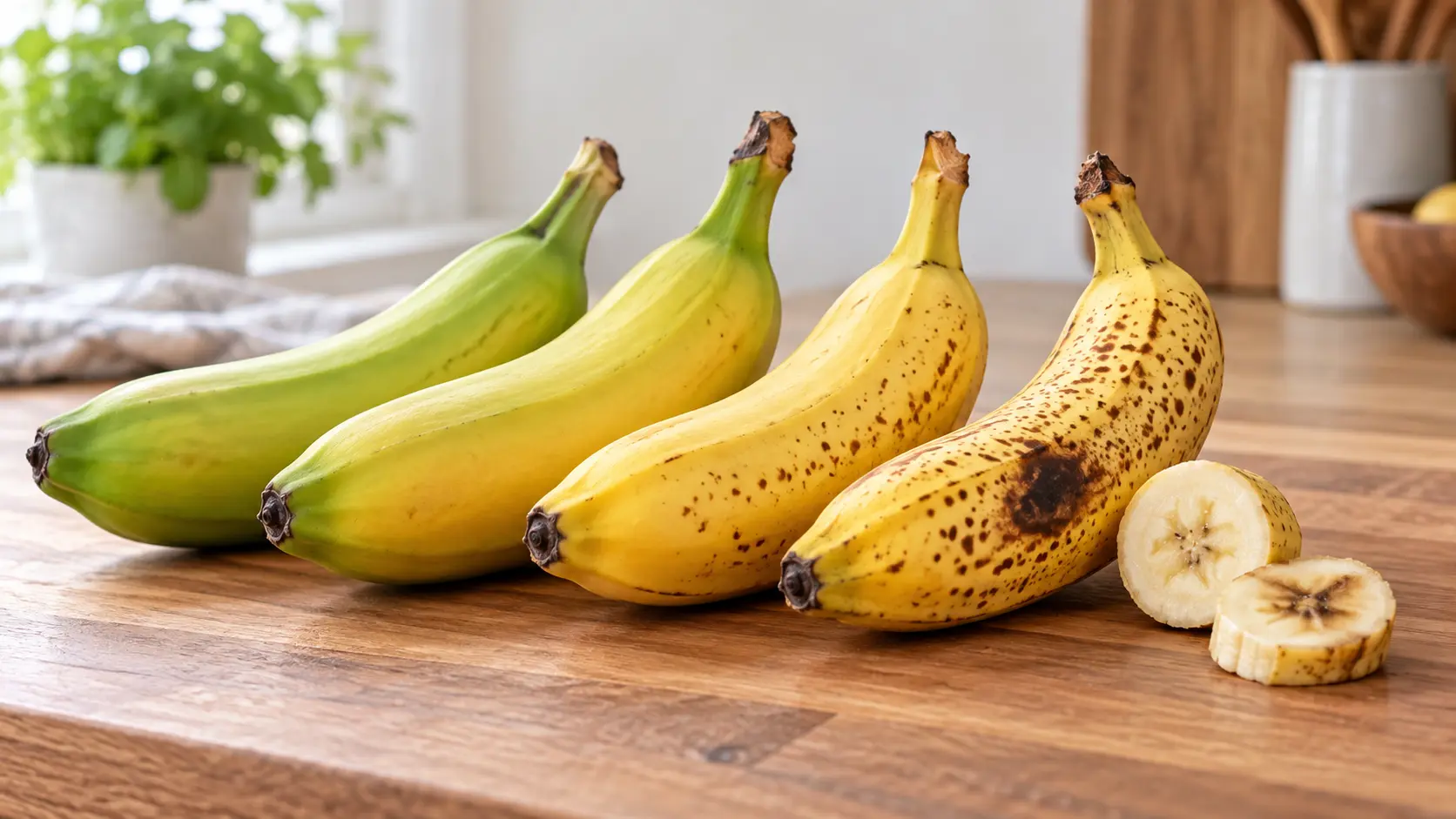 Bananas at different ripeness stages with brown spots and a bruise