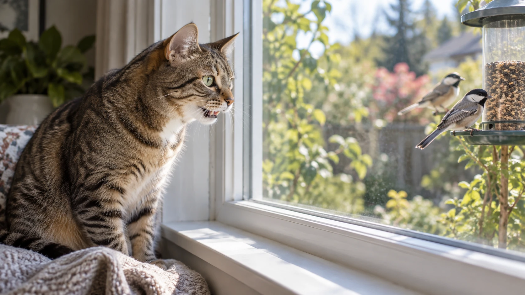 Tabby cat chirping while watching birds through a window