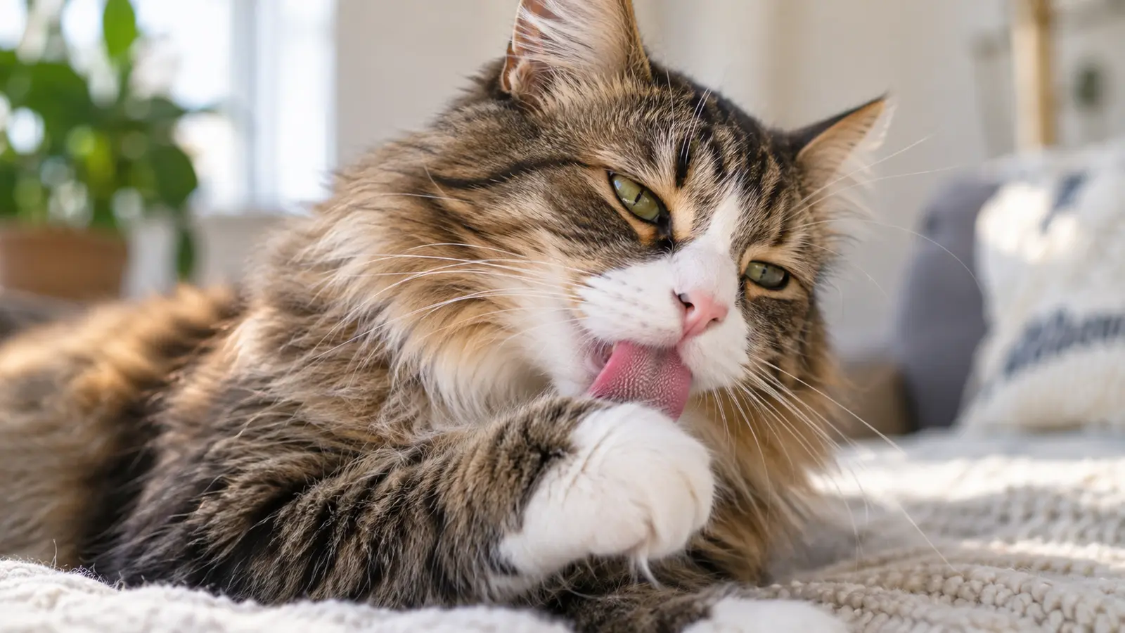 Close-up of a cat grooming with its rough tongue visible