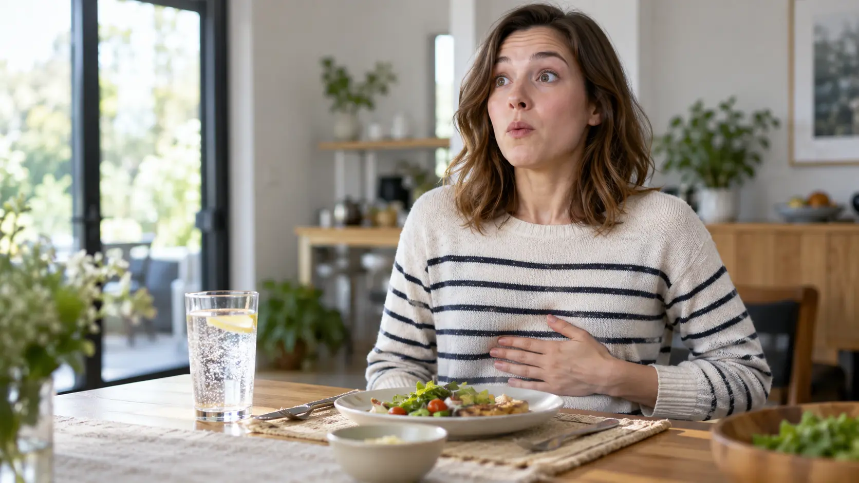 Person reacting to a hiccup while sitting at a dining table