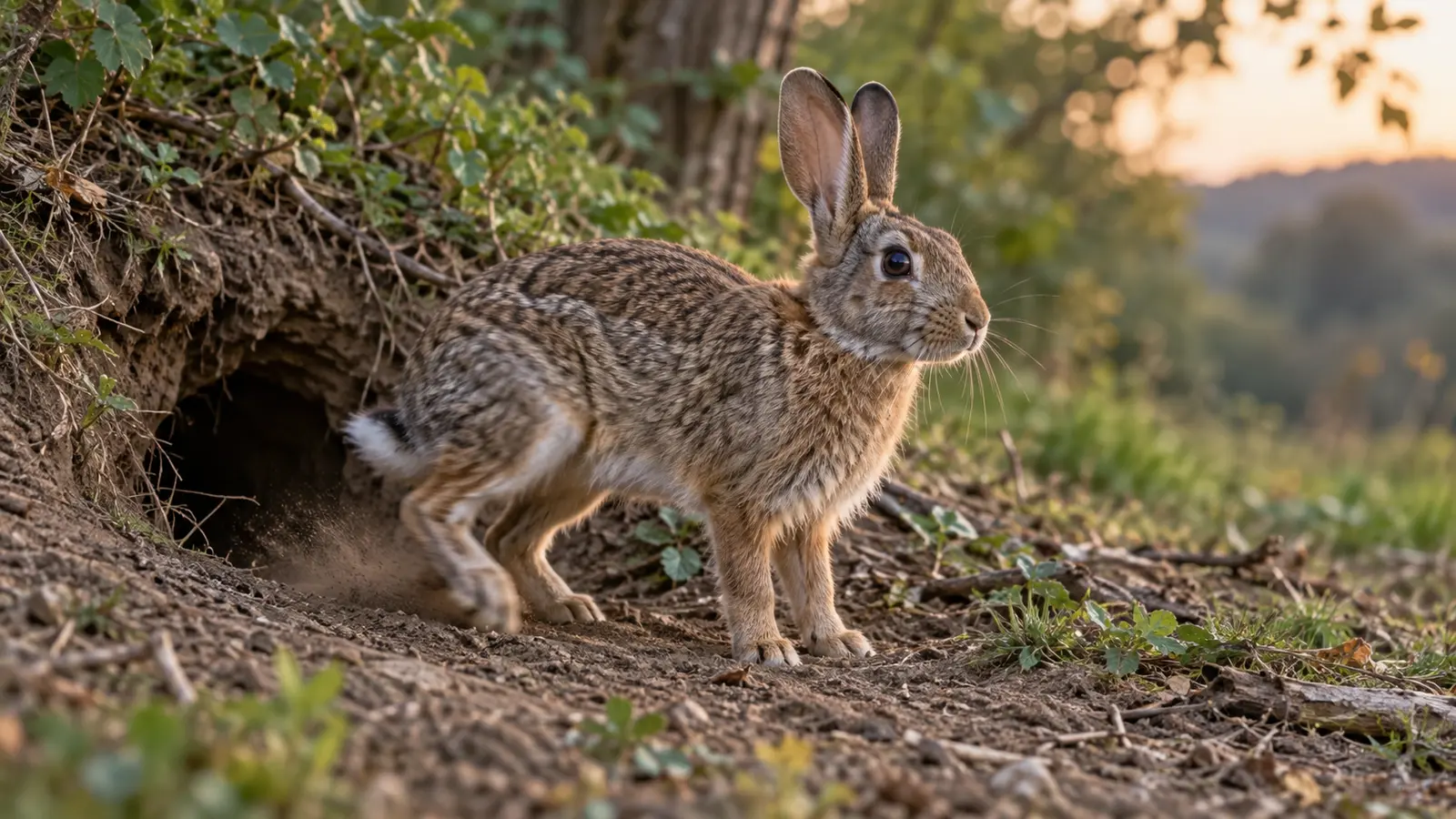 Alert rabbit thumping a hind foot beside its burrow