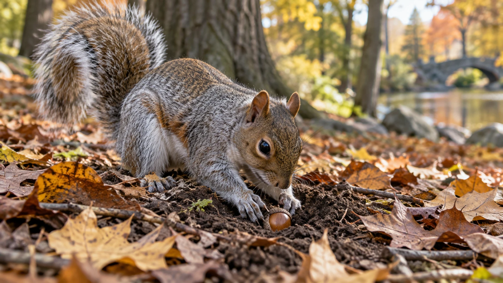 Grey squirrel burying an acorn beneath autumn leaves