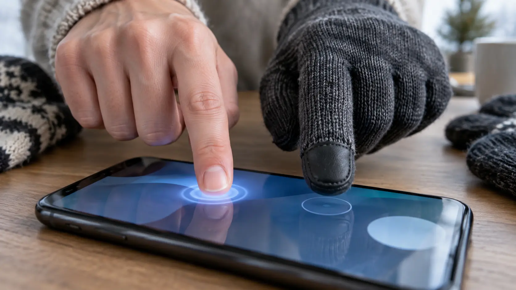 Bare finger and gloved finger trying to use a smartphone touchscreen