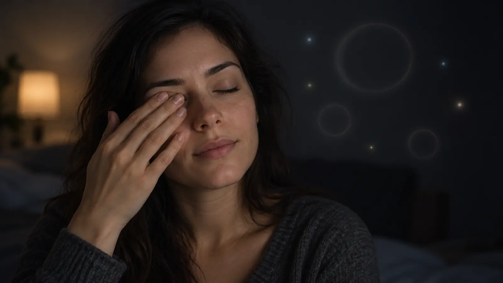 Person gently touching a closed eye while seeing phosphenes