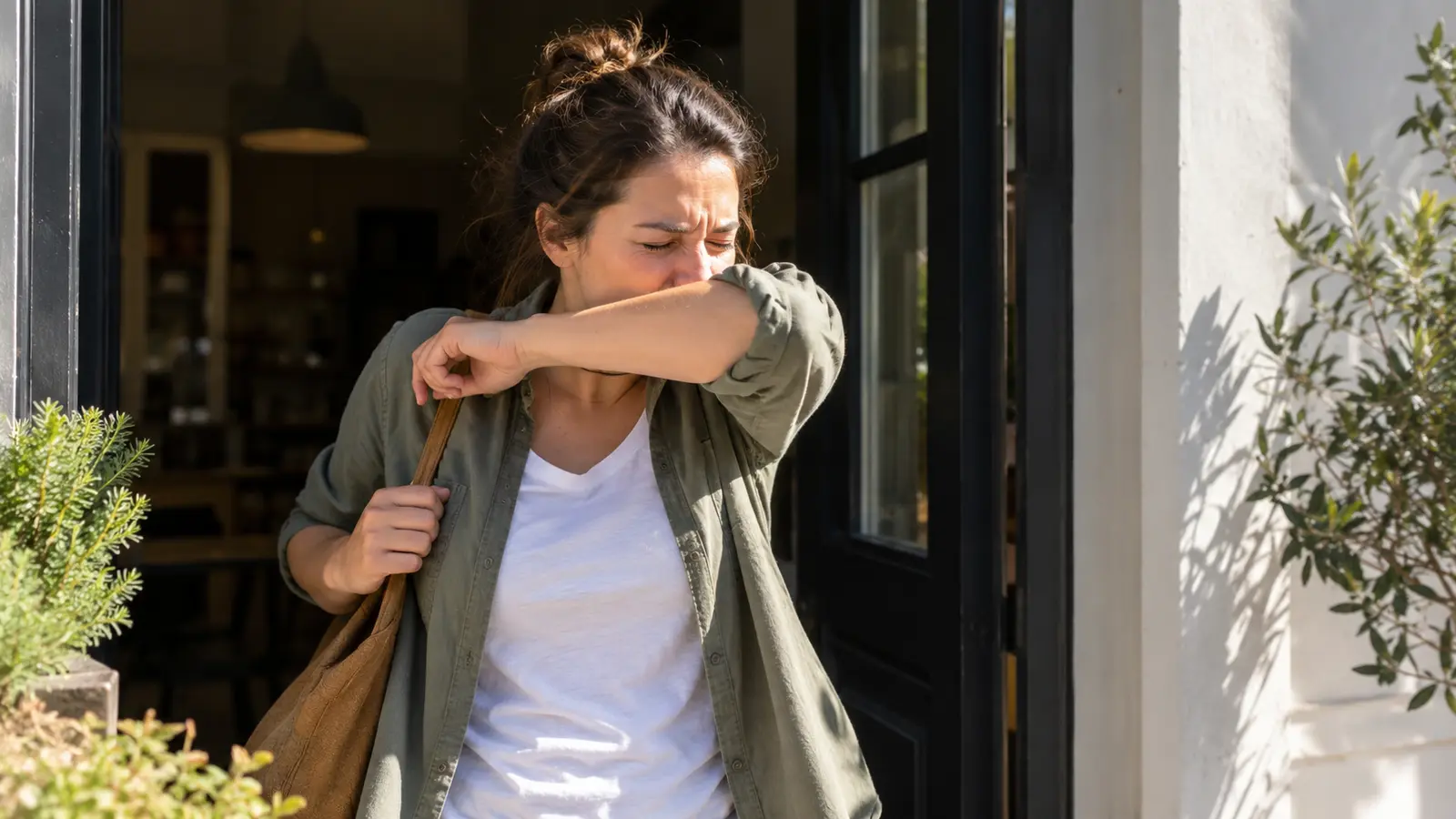 Person sneezing after stepping into bright sunlight