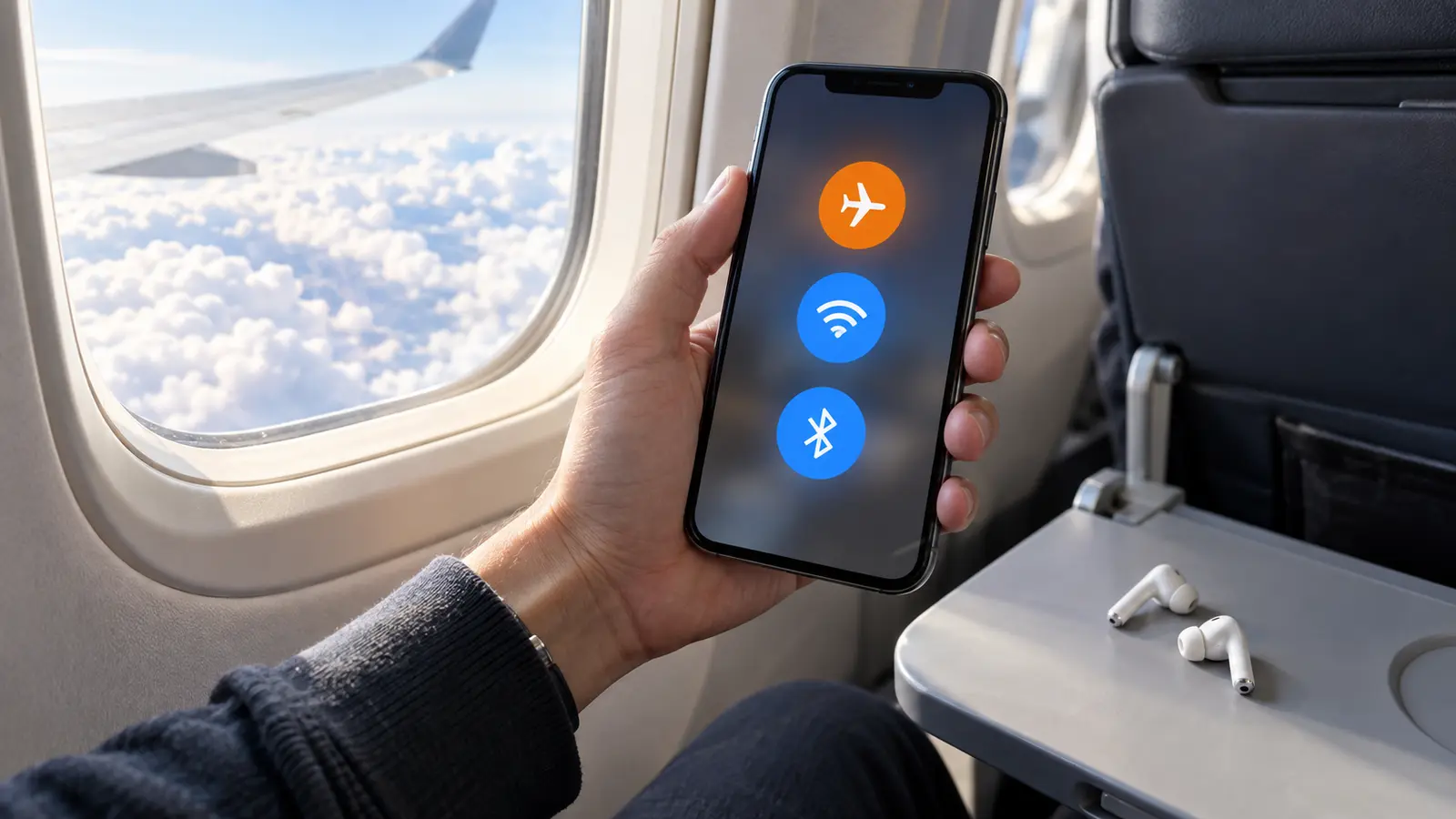 Smartphone using Wi-Fi and Bluetooth beside an aeroplane window