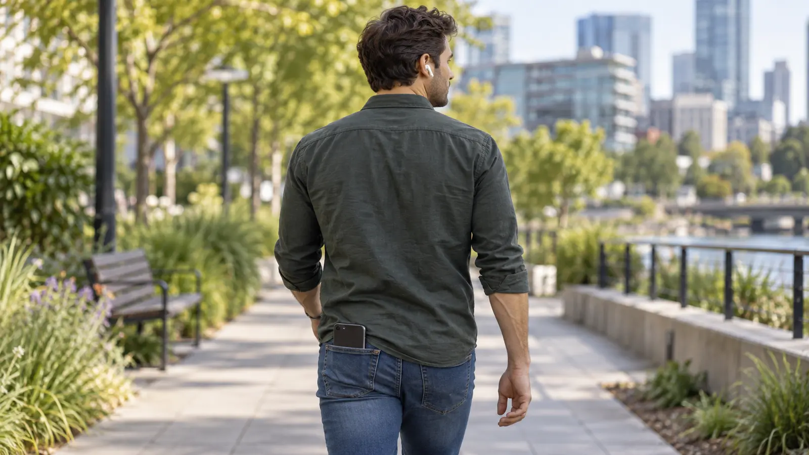 Person wearing wireless earbuds with a phone in a trouser pocket