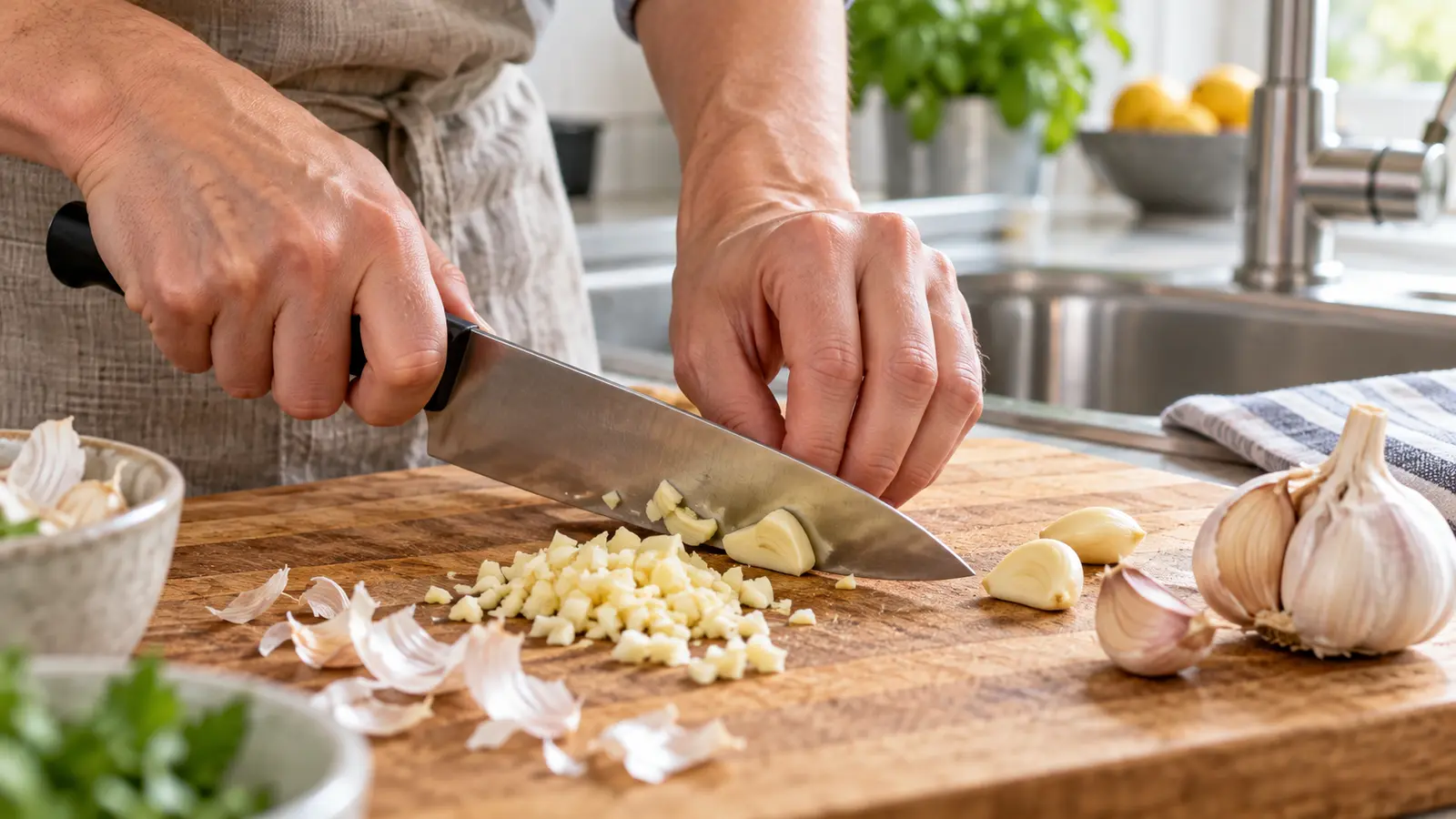 Hands chopping fresh garlic beside a kitchen sink