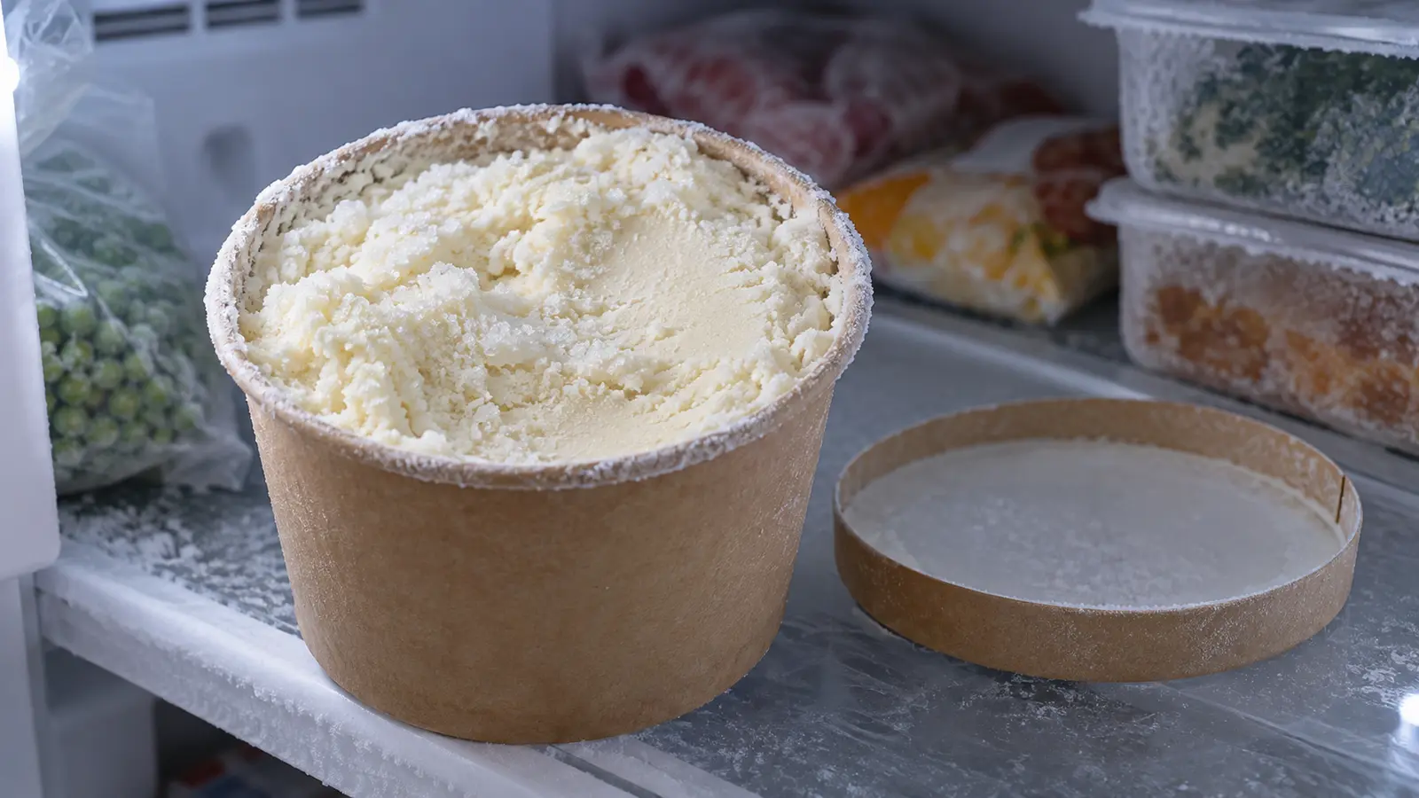 Open tub of ice cream with coarse ice crystals on its surface