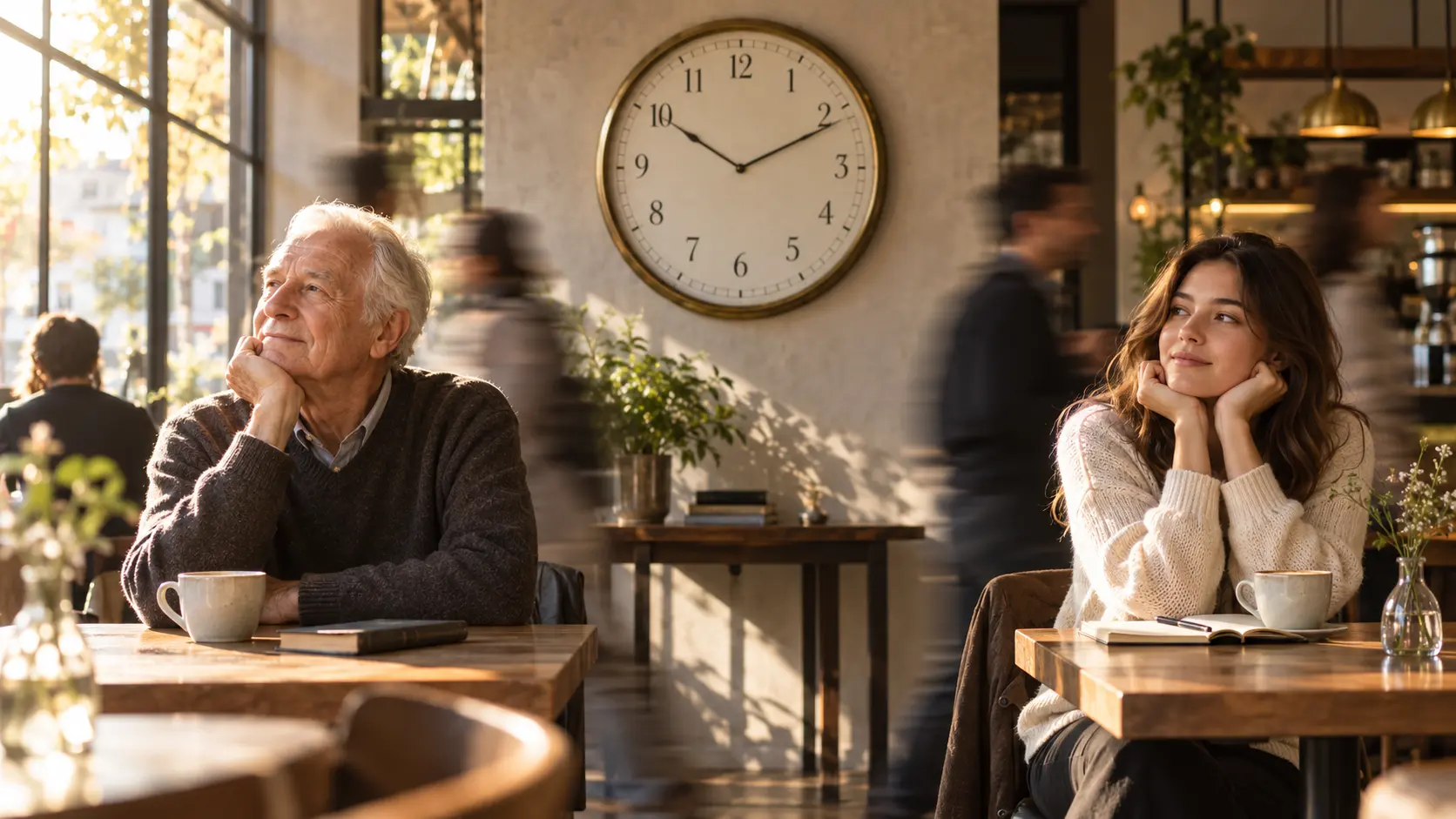 Older and younger adults beside a clock as people blur past