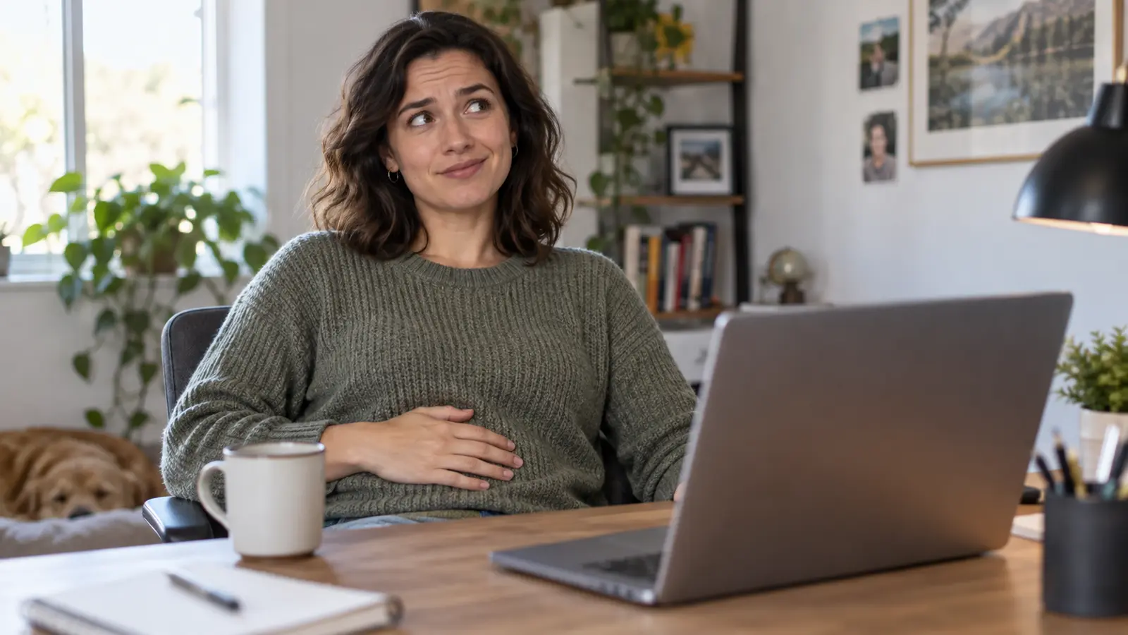Person reacting to their stomach growling while sitting at a desk