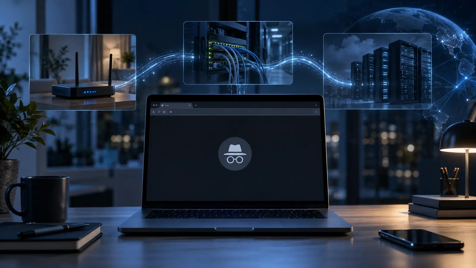 Laptop in private browsing mode with network and website layers visible behind it